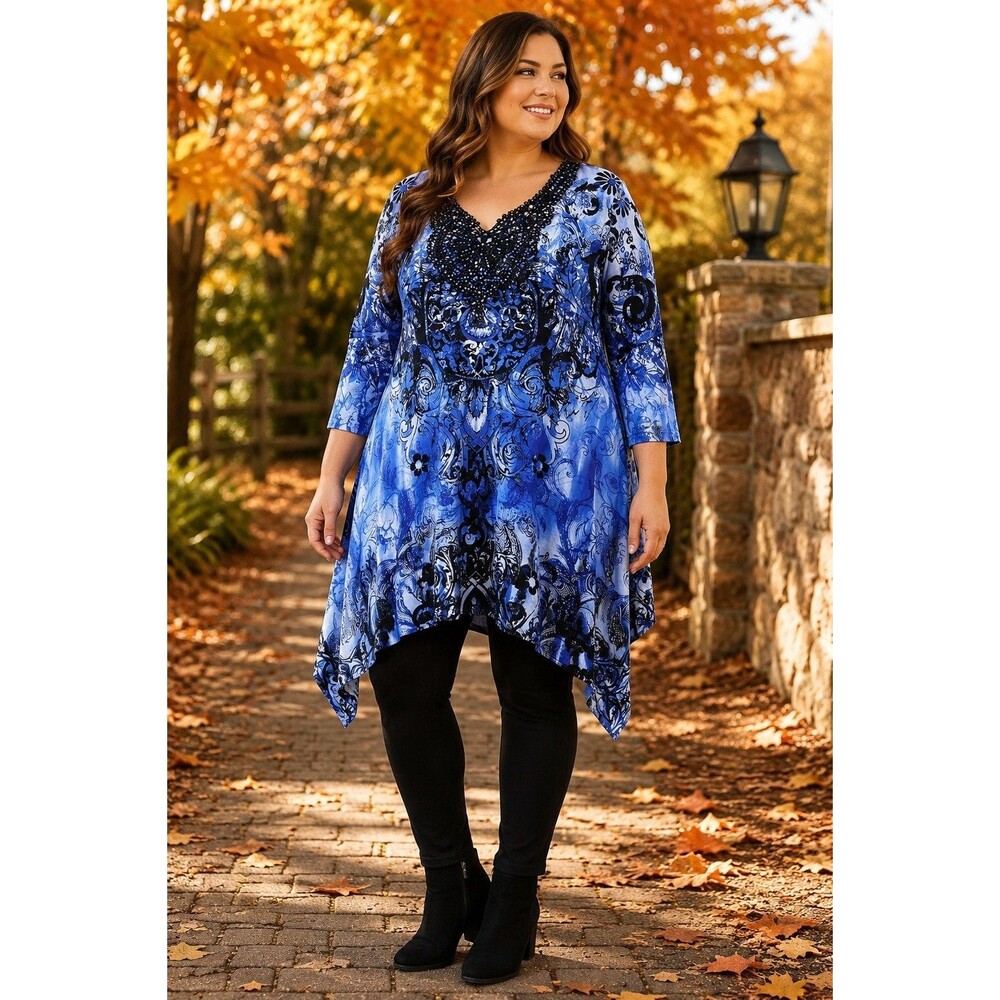 Simply Emma 2X Blue Black Rhinestone Crochet Neck Sharkbite Tunic Top Plus Size